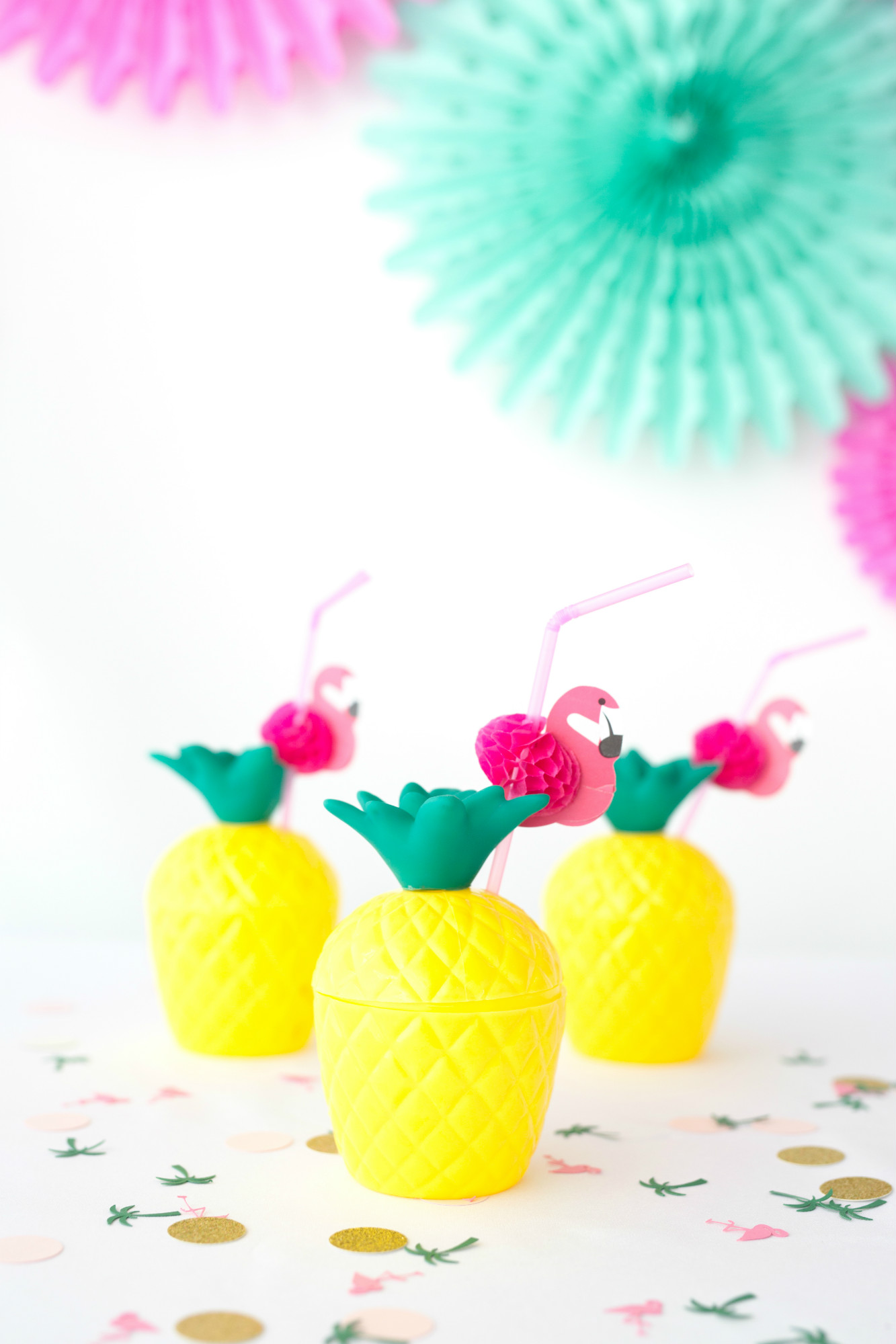 Pineapple Sippers and Flamingo Straws from Palm Springs Girls Night In featuring Rose Mini Moet Champagne| Black Twine