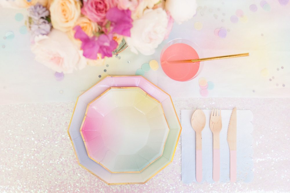 Plates and place setting from Rainbow Iridescent Birthday Party | Black Twine | A Charming Fete