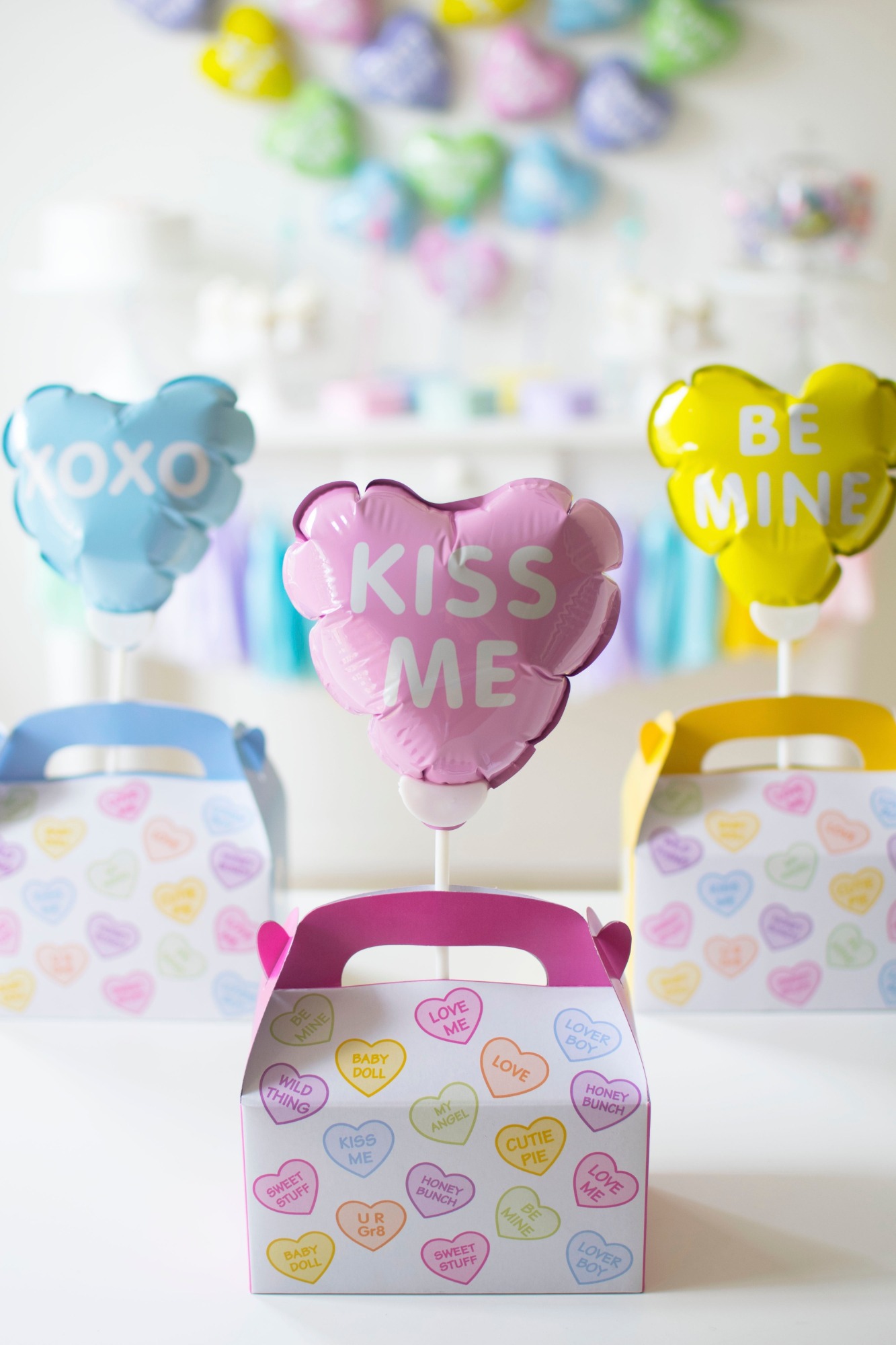 Favor boxes from Conversation Hearts Party styled by Twinkle Twinkle Little Party | Black Twine